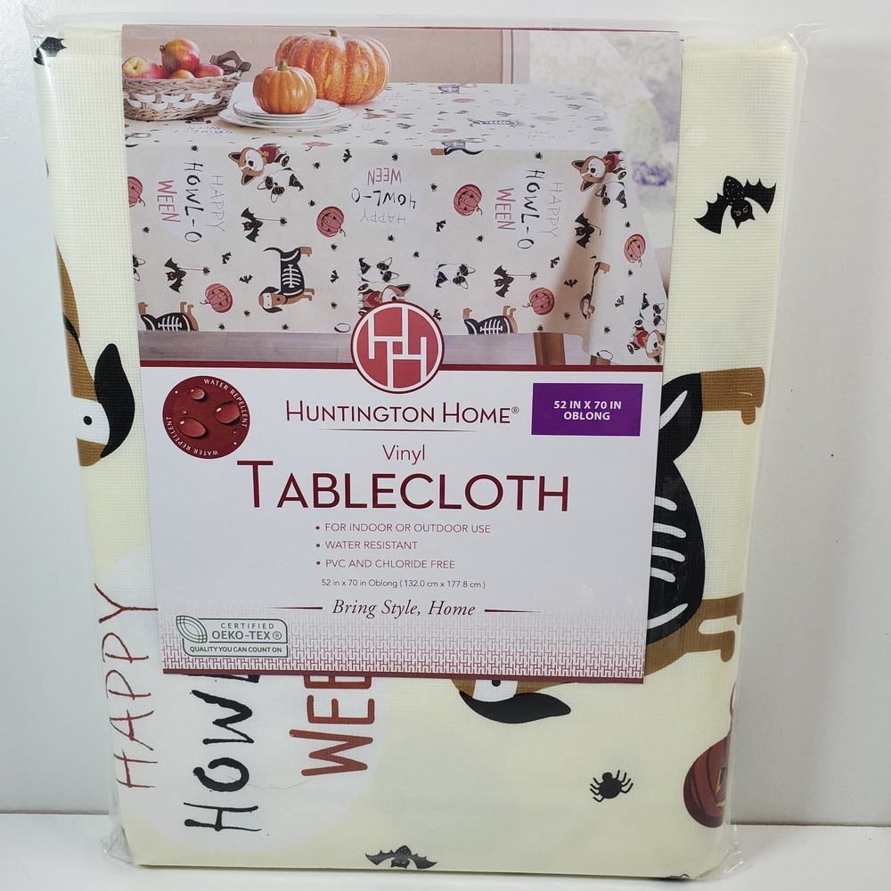 Huntington Home Halloween Black Cream Orange Dog Bats 52" x 70" Vinyl Tablecloth